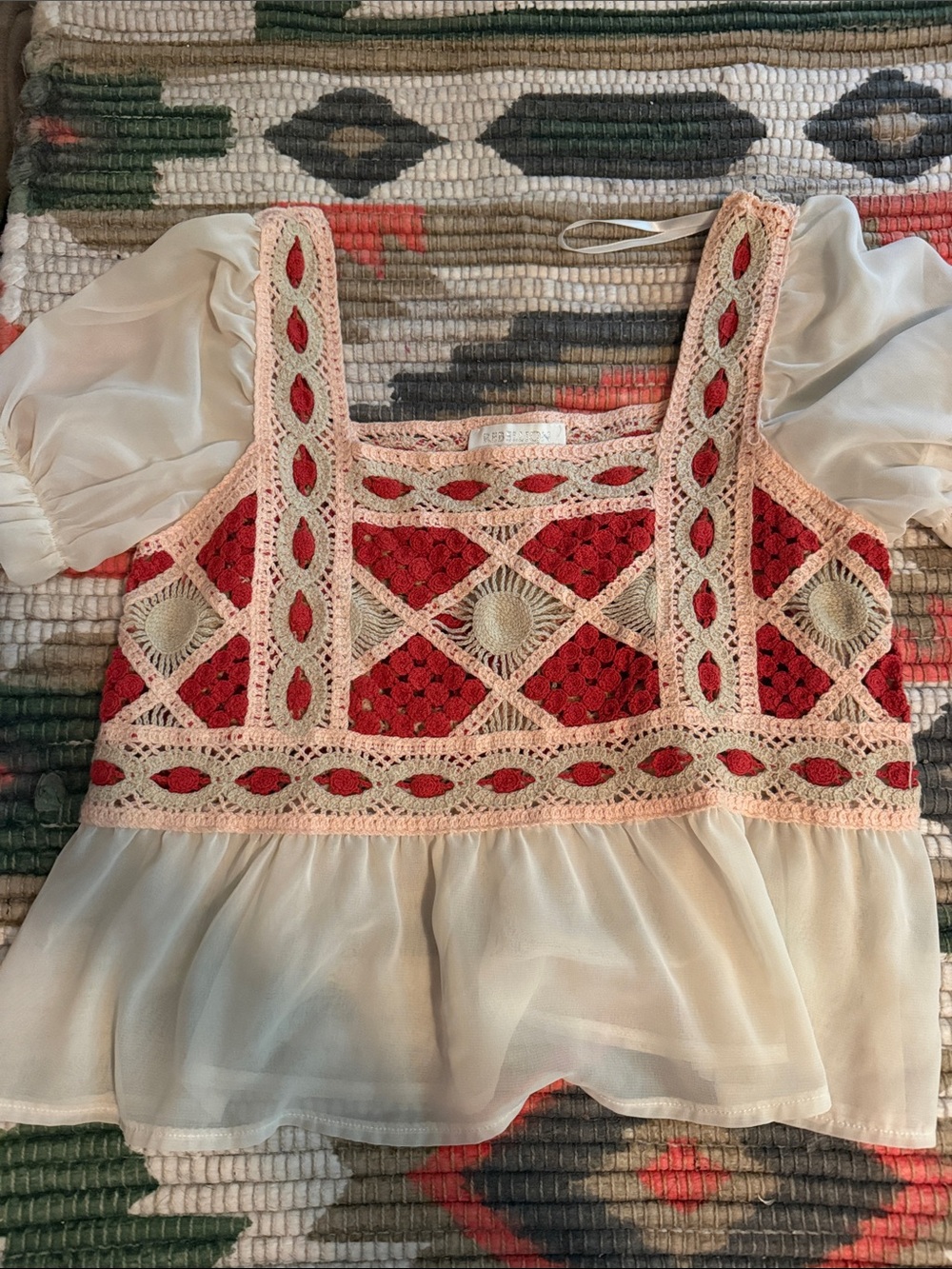 Rebellious Rose Cream & Red Crochet Peplum Crop Top